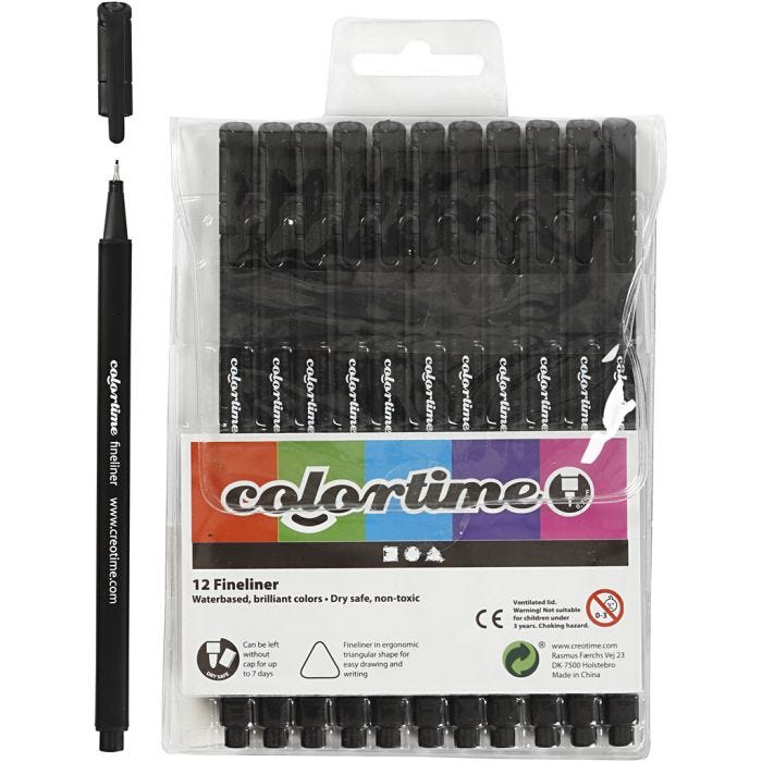 Colortime Fineliner -tussit, paksuus 0,6-0,7 mm, musta, 12 kpl/ 1 pkt