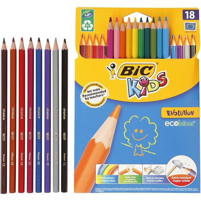BIC Evolution Värikynät, kuusiovarsi, Pit. 17,5 cm, kärki 3 mm, värilajitelma, 18 kpl/ 1 pkt