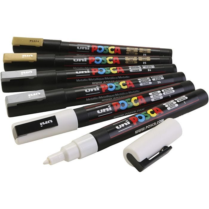 Posca Marker, nro PC-3M, paksuus 0,9-1,3 mm, kulta, hopea, valkoinen, 6 laj/ 1 pkt
