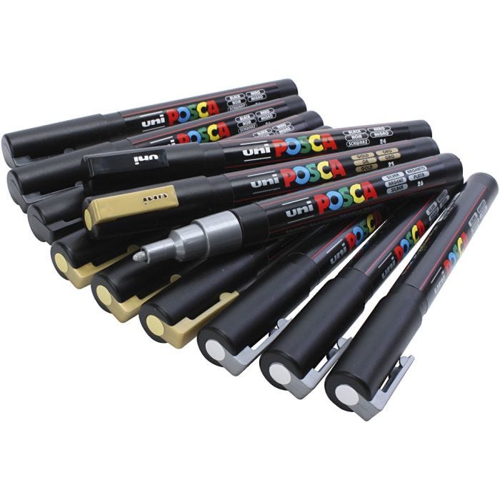 Posca Marker, nro PC-3M, paksuus 0,9-1,3 mm, musta, kulta, hopea, 12 laj/ 1 pkt