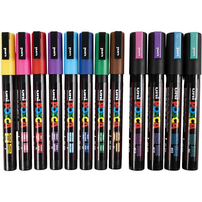Posca Marker, nro PC-5M + PC-3M, paksuus 0,9-1,3 + 2,5 mm, värilajitelma, 12 laj/ 1 pkt