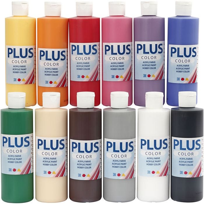 Plus Color- Askartelumaali, perusvärilajitelma, 12x250 ml/ 1 pkt