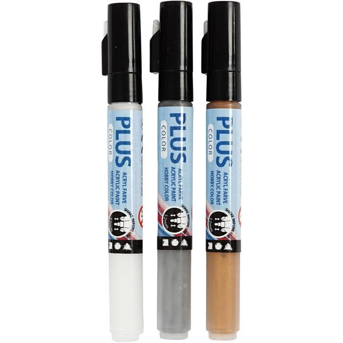 Plus Color -tussi, Pit. 14,5 cm, paksuus 1-2 mm, kulta, hopea, luonnonvalkonen, 5,5 ml, 3 kpl/ 1 pkt