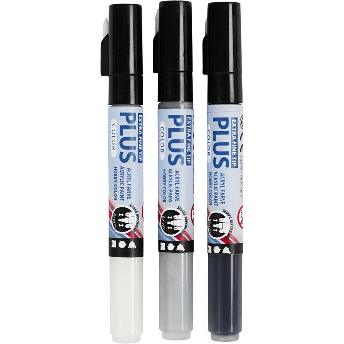 Plus Color -tussi, Pit. 14,5 cm, paksuus 0,7 mm, musta, luonnonvalkonen, sateenharmaa, 5,5 ml, 3 kpl/ 1 pkt