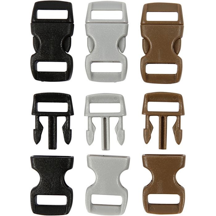 Muovilukko, Pit. 29 mm, Lev: 15 mm, aukon koko 3x11 mm, musta, ruskea, harmaa, 100 kpl/ 1 pkt