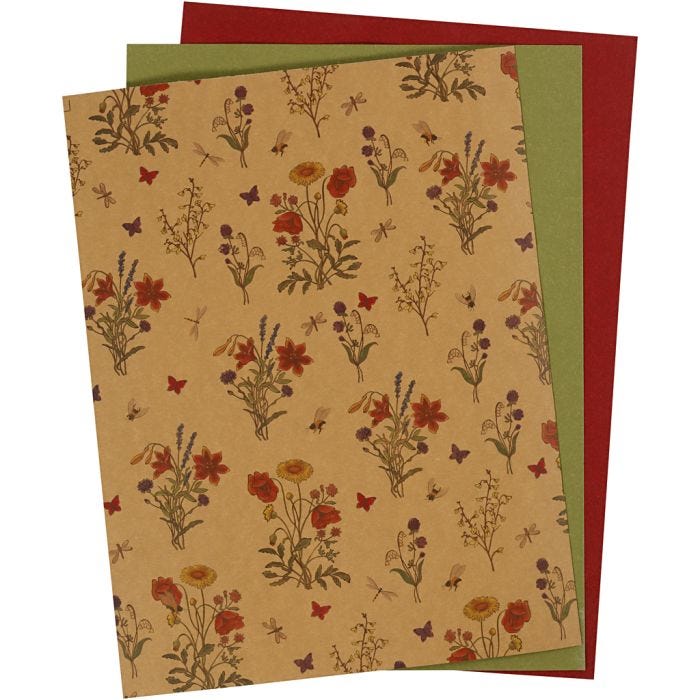 Nahkapaperi, arkki 21x27,5+21x28,5+21x29,5 cm, paksuus 0,55 mm, yksi värillinen,tulosta, luonnonrusk., vihreä, punainen, 3 ark/ 1 pkt