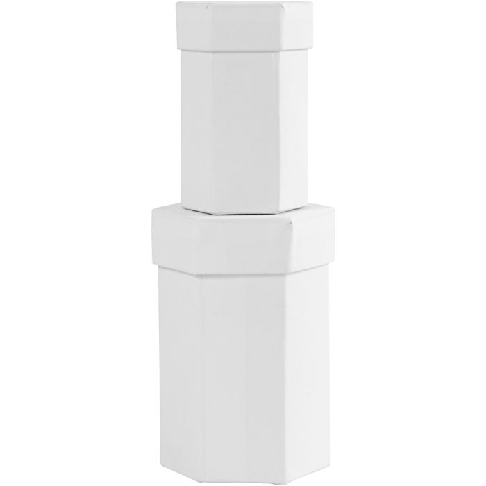 Kuusikulmaiset rasiat, Kork. 7+9 cm, koko 4,5+6 cm, valkoinen, 2 kpl/ 1 set