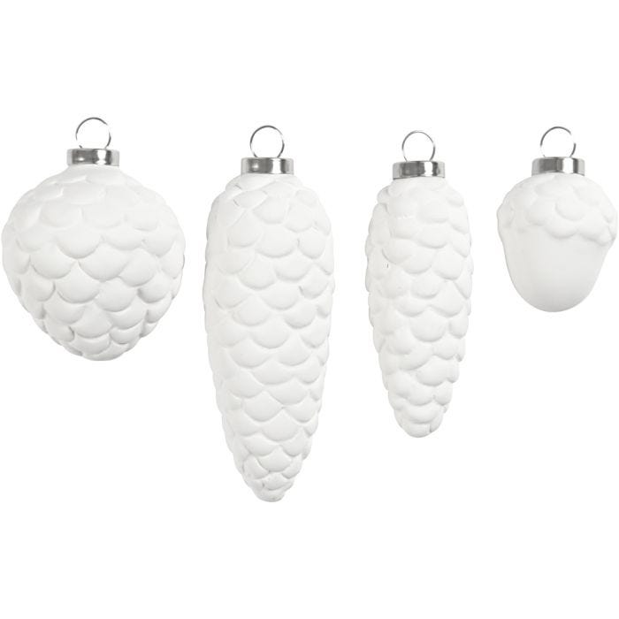 Ripustettavat koristeet, Kork. 3,5+5+6,6+8,5 cm, halk. 2,5+3+4,5 cm, valkoinen, 4 kpl/ 1 pkt