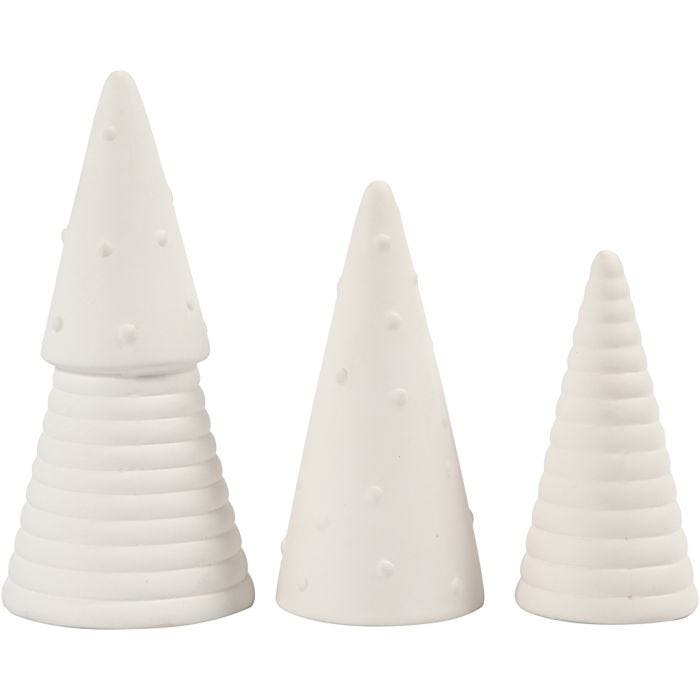 Ripustettavat kuuset, Kork. 10+12+15 cm, halk. 5+6+7 cm, valkoinen, 3 kpl/ 1 pkt