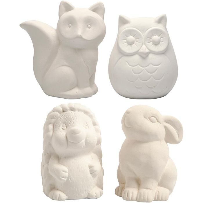 Säästölippaat, pöllö, kettu. siili, kani, Kork. 9-10 cm, valkoinen, 4 kpl/ 1 pkt