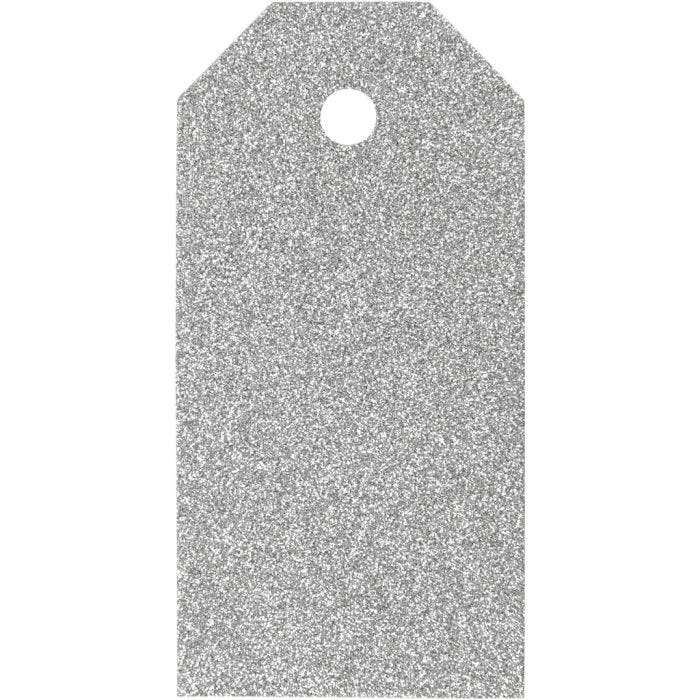 Pakettietiketit, koko 5x10 cm, kimalle, 300 g, hopea, 15 kpl/ 1 pkt