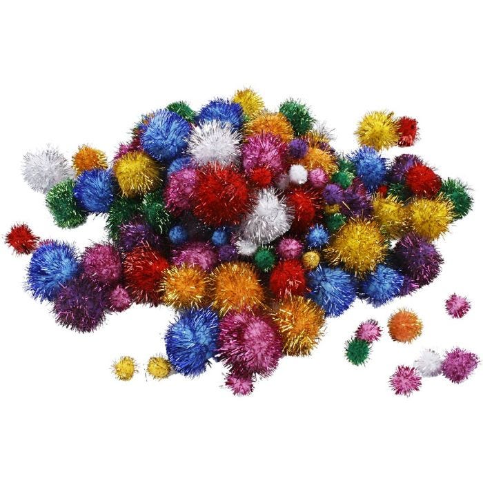 Pompomit, halk. 15-40 mm, kimalle, vahvat värit, 62 g/ 1 pkt