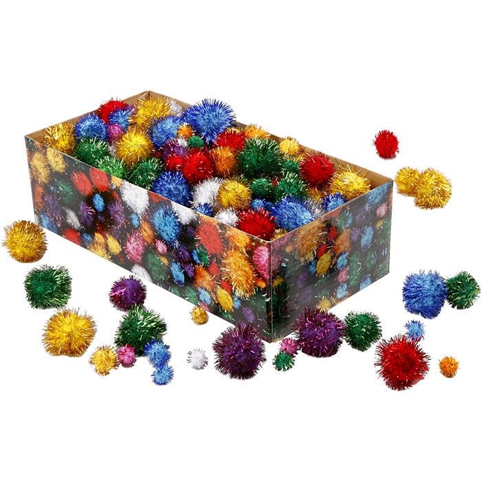 Pompomit, halk. 15-40 mm, kimalle, vahvat värit, 300 g/ 1 pkt