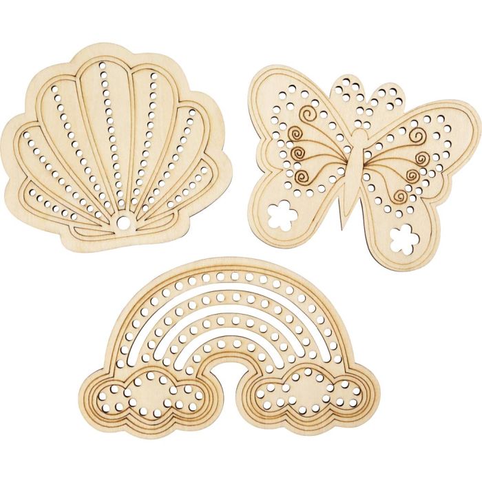 Puinen, reijitetty koriste, Sateenkaari, simpukka, perhonen, koko 7,5-13 cm, 24 kpl/ 1 pkt