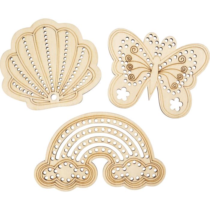 Puinen, reijitetty koriste, Sateenkaari, simpukka, perhonen, koko 7,5-13 cm, 6 kpl/ 1 pkt