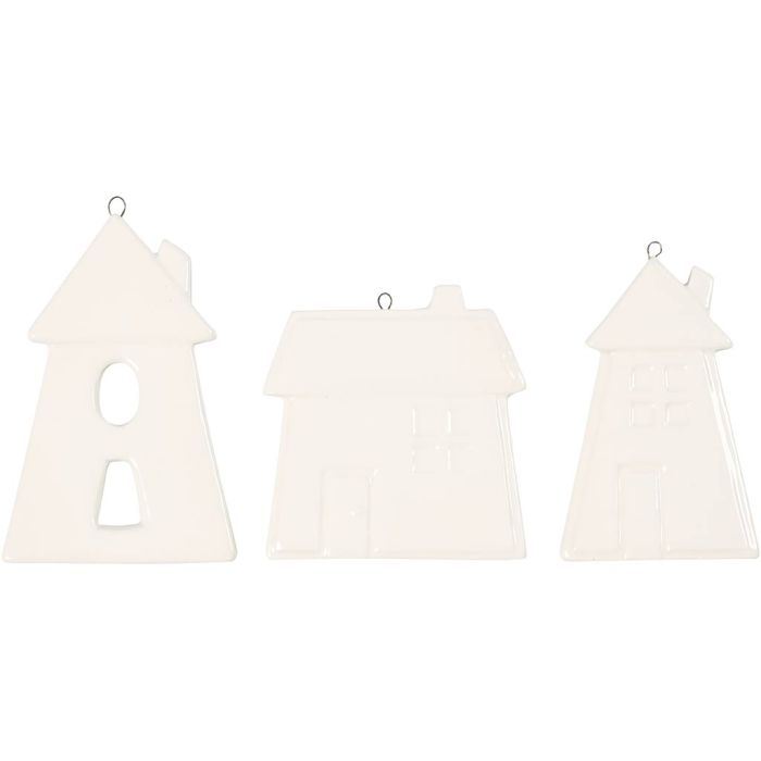 Roikkuvat koristeet, Talot, Kork. 7,6-9,7 cm, valkoinen, 18 kpl/ 1 pkt