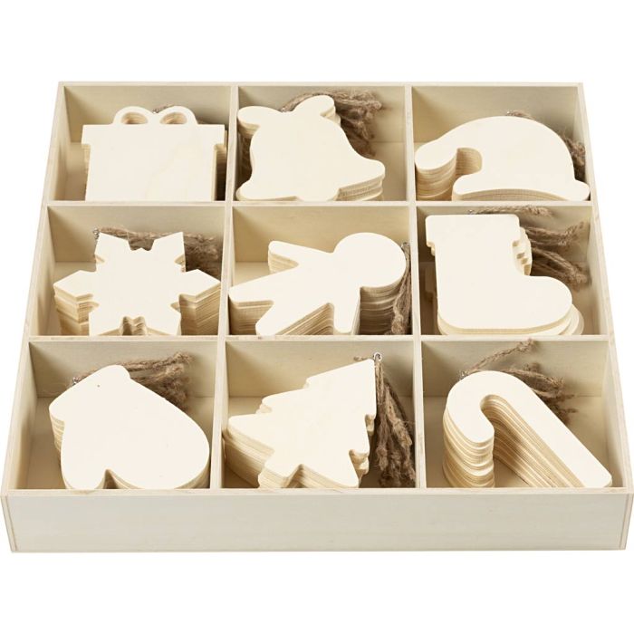 Puukoristeet, koko 7-9 cm, paksuus 4 mm, 90 kpl/ 1 pkt