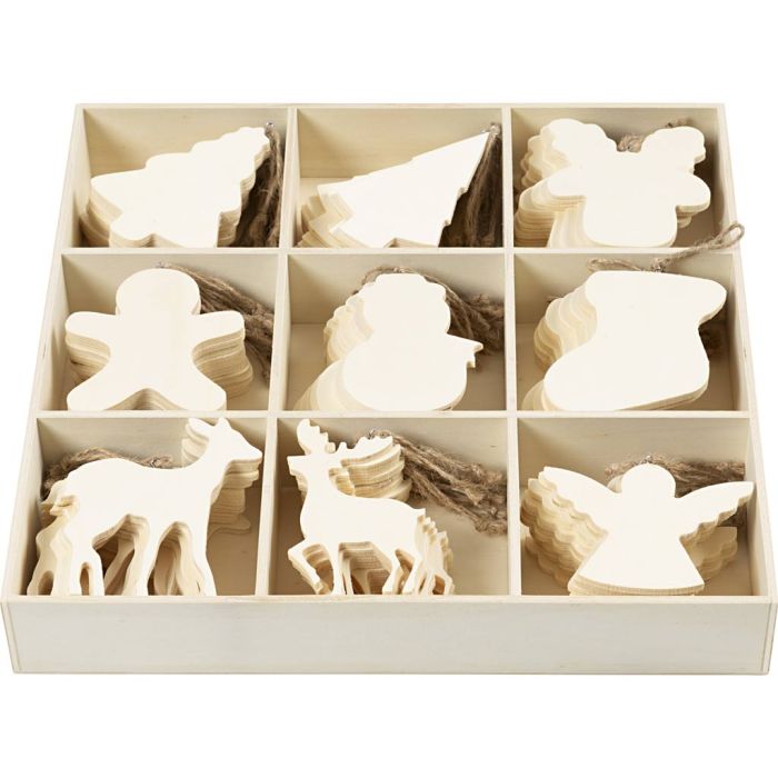 Puukoristeet, koko 7-9 cm, paksuus 4 mm, 90 kpl/ 1 pkt