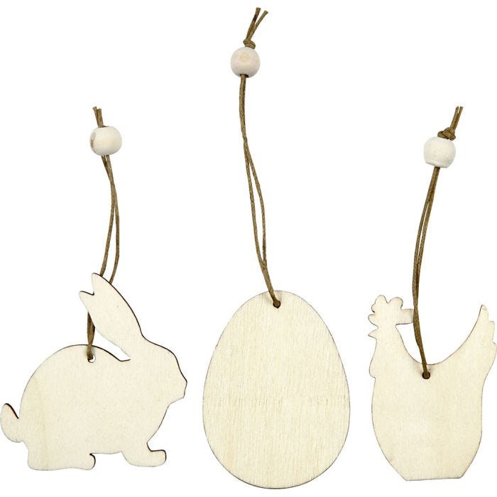 Puukoristeet, pupu, muna, kana, koko 6 cm, paksuus 3 mm, 9 kpl/ 1 pkt