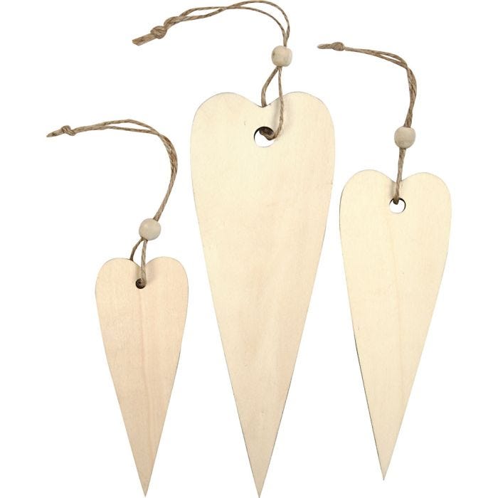 Puukoristeet, korkea sydän, Kork. 12+16+20 cm, paksuus 5 mm, 3 kpl/ 1 pkt