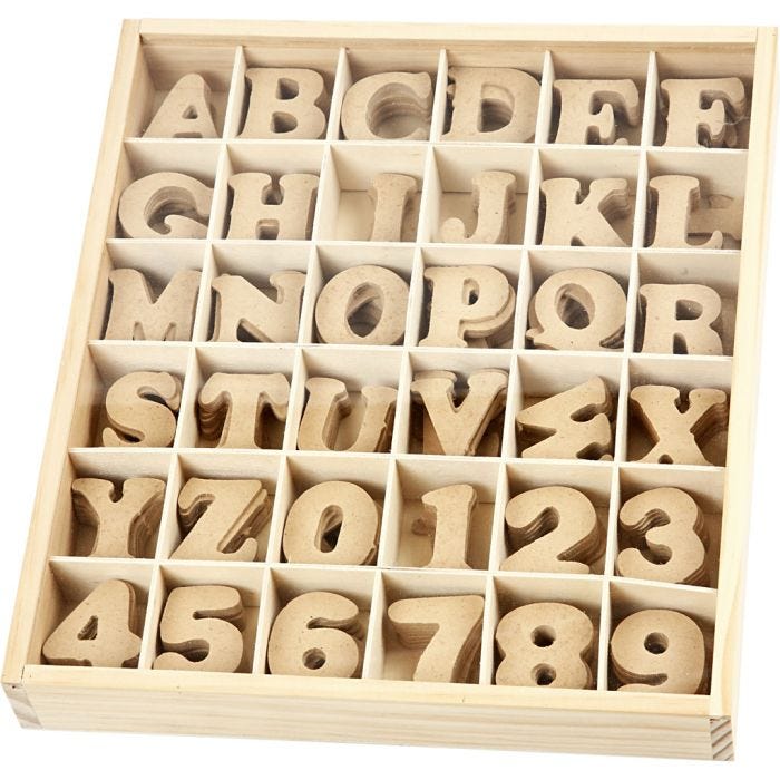 Kirjaimet ja numerot MDF, Kork. 4 cm, paksuus 2,5 mm, 288 kpl/ 1 pkt
