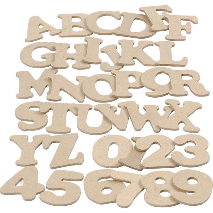 Kirjaimet ja numerot MDF, Kork. 4 cm, paksuus 2,5 mm, 36x10 pkk/ 1 pkt