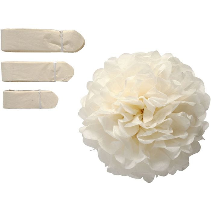 Pompomit, halk. 20+24+30 cm, 16 g, luonnonvalkonen, 3 kpl/ 1 pkt