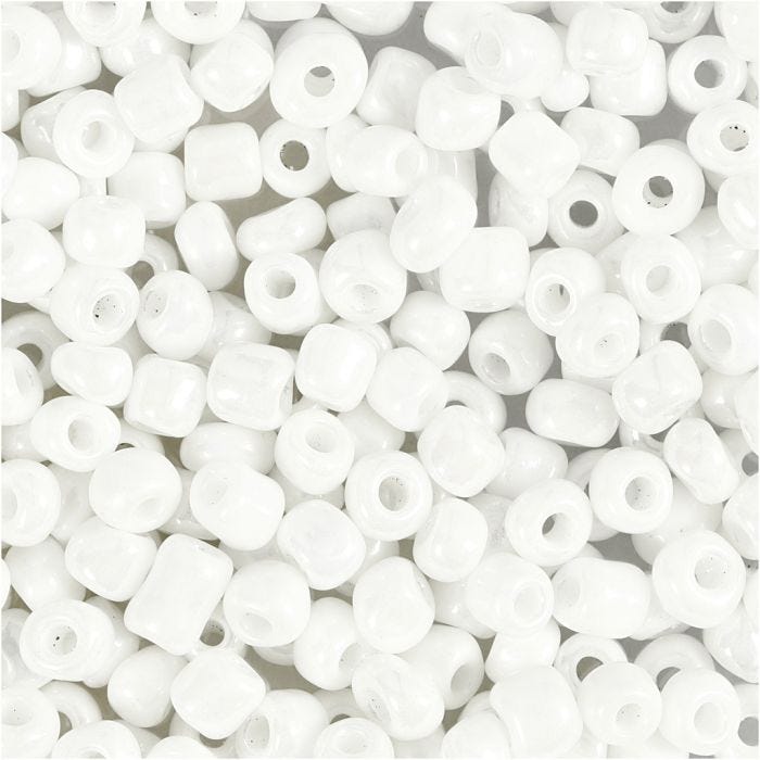 Rocaille-siemenhelmet, halk. 4 mm, koko 6/0, aukon koko 0,9-1,2 mm, helmiäisvalk., 25 g/ 1 pkt