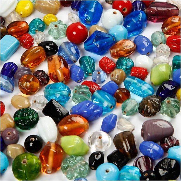 Lasihelmet, koko 7-18 mm, aukon koko 1 mm, värilajitelma, 1000 g/ 1 pkt