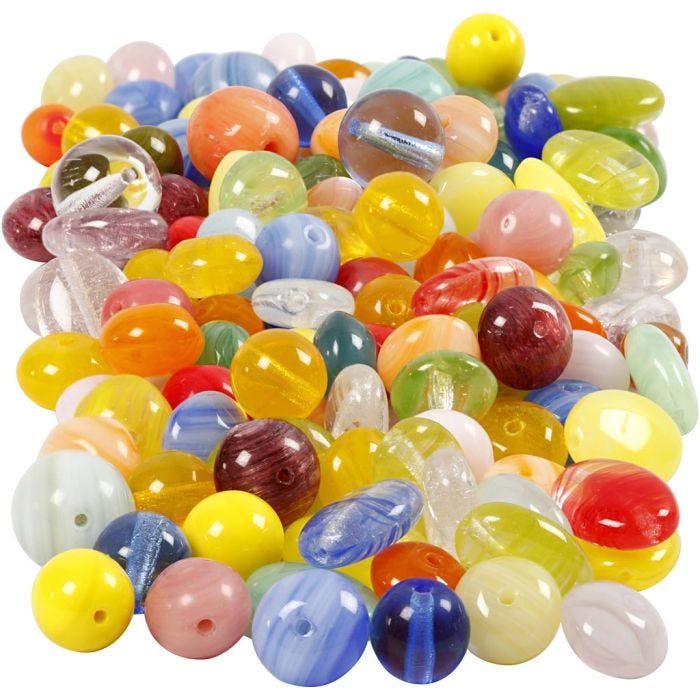 Lasihelmet, pyöreä, soikea, ympyrä, halk. 6-13 mm, aukon koko 0,5-1,5 mm, värilajitelma, 350 g/ 1 pkt