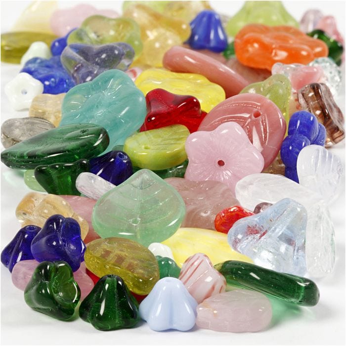 Lasihelmet, lehdet, kukat, halk. 6-17 mm, aukon koko 0,5-1,5 mm, värilajitelma, 60 g/ 1 pkt