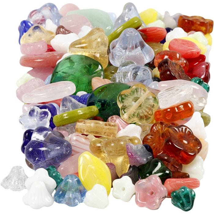 Lasihelmet, lehdet, kukat, halk. 6-17 mm, aukon koko 0,5-1,5 mm, värilajitelma, 350 g/ 1 pkt