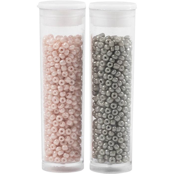 Rocaille-siemenhelmet, 1,7 mm, 15/0, 0,5-0,8 mm, vaaleanharmaa, dusty rose, 2x7g/ 1 pkt