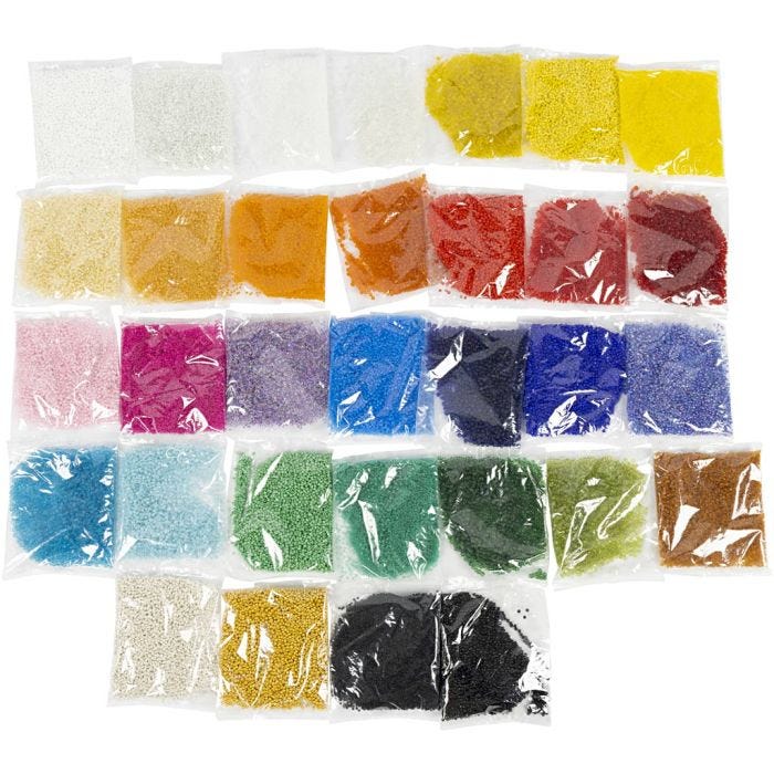 Rocaille-siemenhelmet, halk. 1,7+3+4 mm, koko 6/0+8/0+12/0, aukon koko 0,5-1,2 mm, värilajitelma, 32x100 g/ 1 pkt