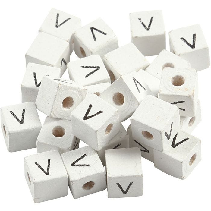 Kirjainhelmi, V, koko 8x8 mm, aukon koko 3 mm, valkoinen, 25 kpl/ 1 pkt