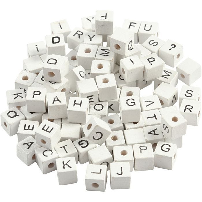 Kirjainhelmi, A-Z, &amp;, #, ?, koko 8x8 mm, aukon koko 3 mm, valkoinen, 96 laj/ 1 pkt