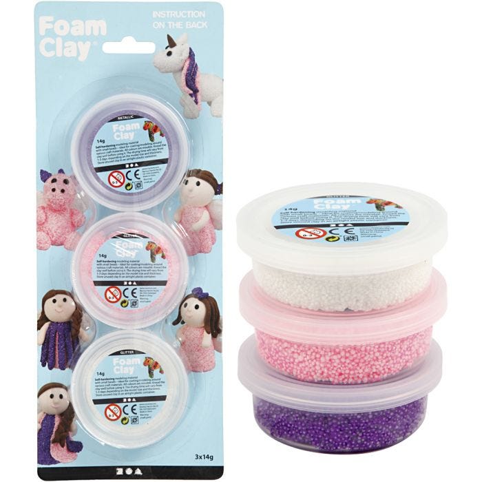 Foam Clay® Helmimassa, kimalle,metallinen, pinkki, violetti, valkoinen, 3x14 g/ 1 pkt