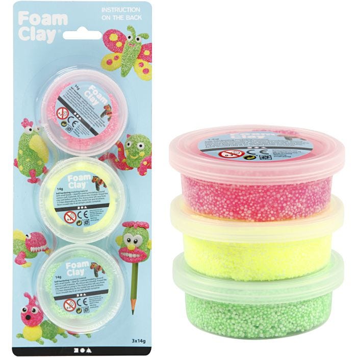 Foam Clay® Helmimassa, vaaleanvihreä, neonpinkki, neonkeltainen, 3x14 g/ 1 pkt