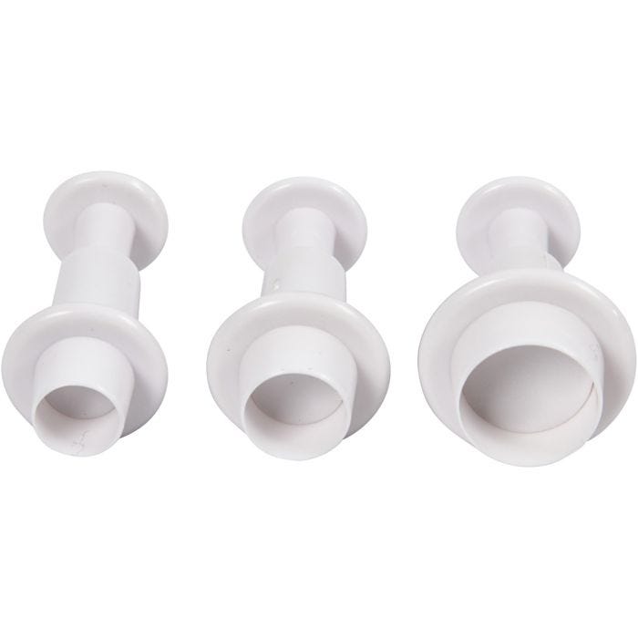 Muovailumuotit leimasimella, Ympyrä, halk. 1,1+1,3+1,7 cm, valkoinen, 3 kpl/ 1 pkt