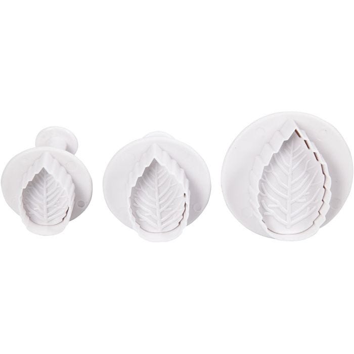 Muovailumuotit leimasimella, Lehti, halk. 3,4+4,4+4,9 cm, valkoinen, 3 kpl/ 1 pkt