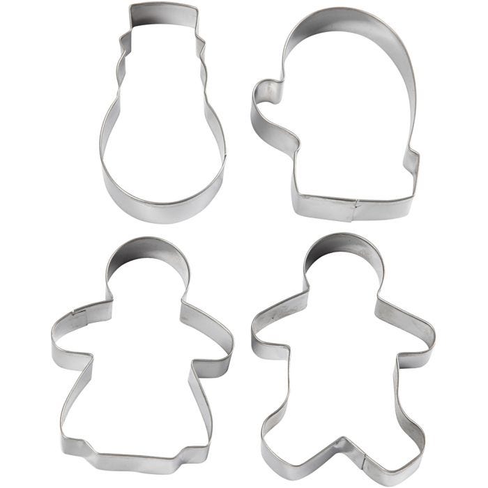 Metallimuotit, lumiukko, lapanen, pipariukko ja -akka, Kork. 8 cm, 4 kpl/ 1 pkt