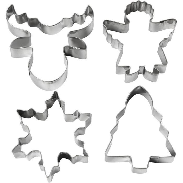 Metallimuotit, joulukuusi, enkeli, poro, lumihiutale , Kork. 8 cm, 4 kpl/ 1 pkt