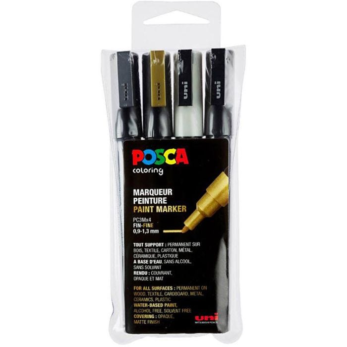 Posca-tussisetti, PC-3M, nro PC-3M, musta, kulta, hopea, valkoinen, 4 kpl/ 1 pkt