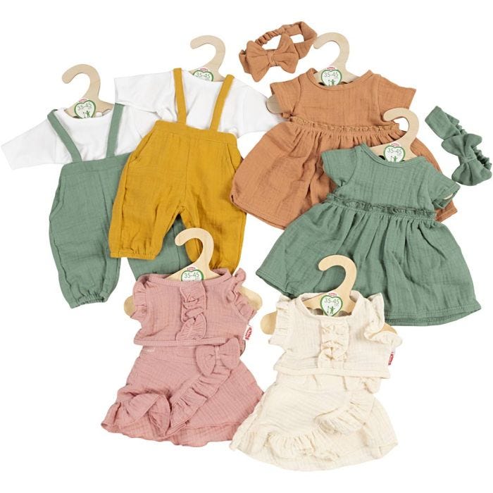 Luomupuuvillaiset nukenvaatteet, Mekot ja haalarit, koko 35-45 cm, 6 set/ 1 pkt