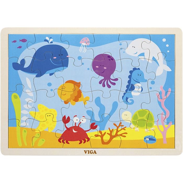 VIGA Puinen Palapeli, Meren eläimet, koko 30x22,5 cm, 24 kappaletta, 1 kpl
