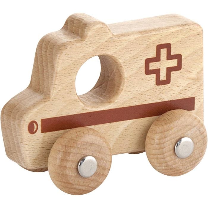 Puinen Leluauto VIGA, Ambulanssi, Kork. 4,2 cm, Pit. 9 cm, Lev: 7,5 cm, 1 kpl