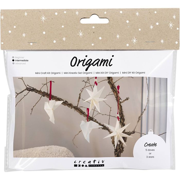 Askartelusetti Mini Origami, Kyyhkyset/tähdet, tummanpunainen, luonnonvalkonen, 1 pkk/ 1 pkt