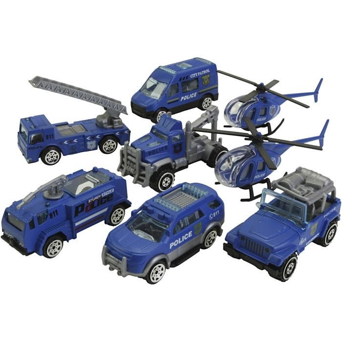Ammattiajoneuvot, Poliisiautot, koko 6-10 cm, 8 kpl/ 1 set