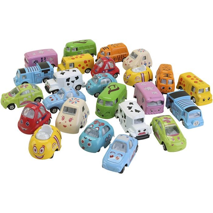 Metalliset autot kasvoilla, koko 4,5-6 cm, 24 kpl/ 1 pkt
