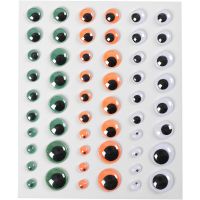 Liikkuvat silmät, halk. 6+8+10+12+15 mm, vihreä, oranssi, valkoinen, 1 ark, 54 kpl